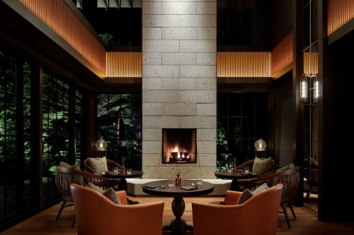 暖炉の炎が揺らめく重厚な雰囲気のバーラウンジ