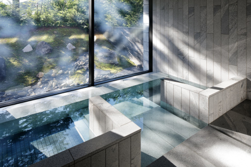 自然光が差し込む源泉かけ流しの温泉内風呂